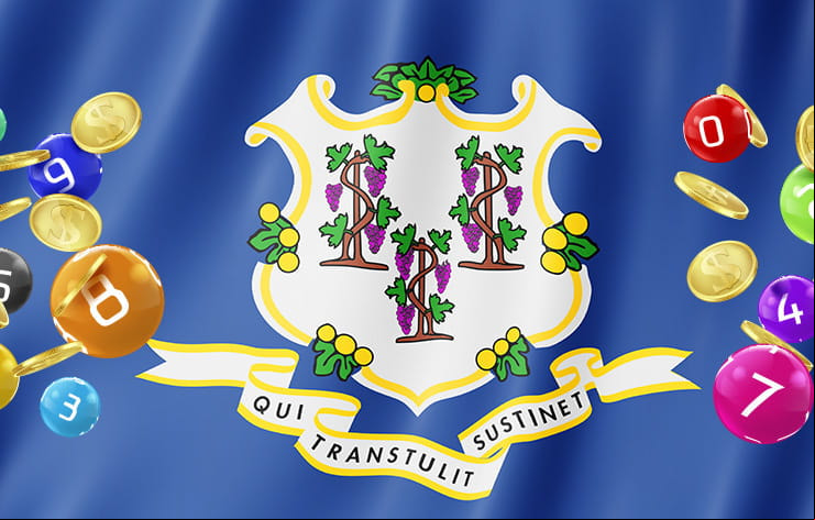 A banner with the state logo of Connecticut, some lottery balls, and gold coins.
