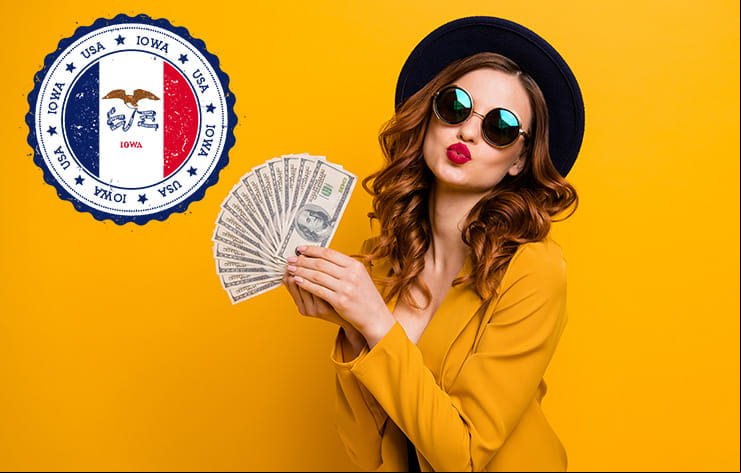 Iowa state seal and a woman holding a cash prize