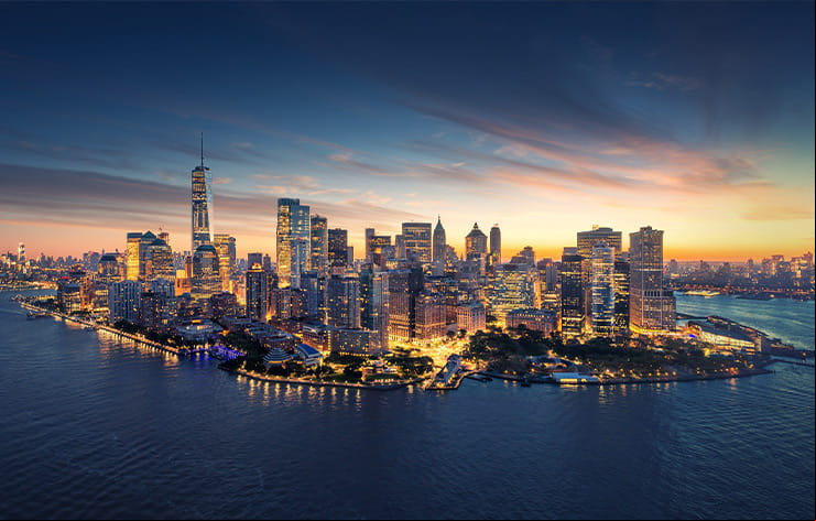 New York City skyline at night.