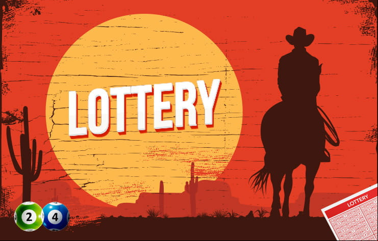 Outline of a Texas sunset and a man on horseback, with the word 'Lottery' across.