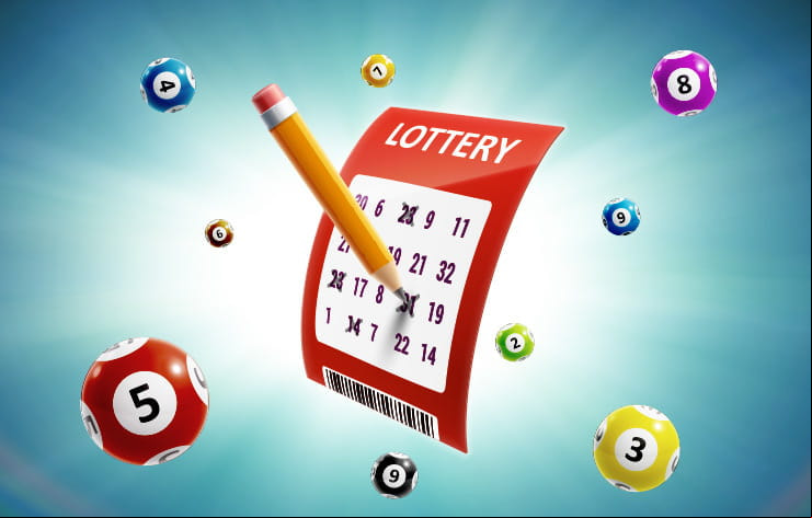 A lottery ticket, lottery balls and a pencil.